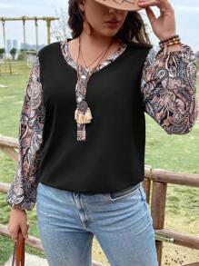 EMERY ROSE Plus Size Peacock Printed Lantern Sleeve Button Half Placket Blouse - Black - View 6