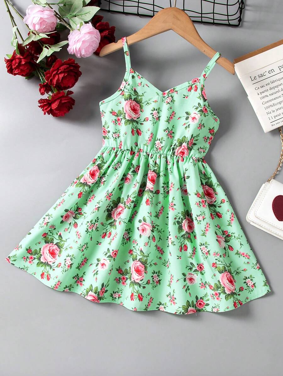 Young Girl Flower Printed Spaghetti Strap Dress