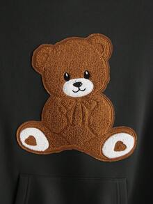 SHEIN EZwear Women's Cartoon Embroidery Color Block Teddy Hoodie - Black - View 5