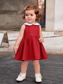 TaviRue 女婴休闲风格彼得潘领拼色腰部抽绳褶皱连衣裙