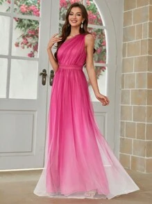 SHEIN Belle 漸層斜肩蕾絲長款伴娘禮服 - 彩色 - 查看 4