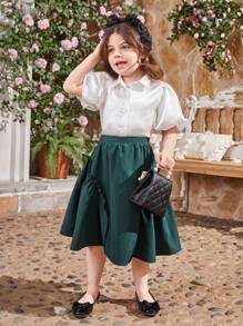 SHEIN Young Girl's Satin Collar Button-Front Puff Sleeve Shirt With Frill Trim Skirt Set, Mommy And Me Matching Outfits (3 Pieces Sold Separately)
