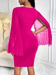SHEIN Clasi Solid Color Cape Sleeve Dress With Rhinestone Detail - Hot Pink - View 2