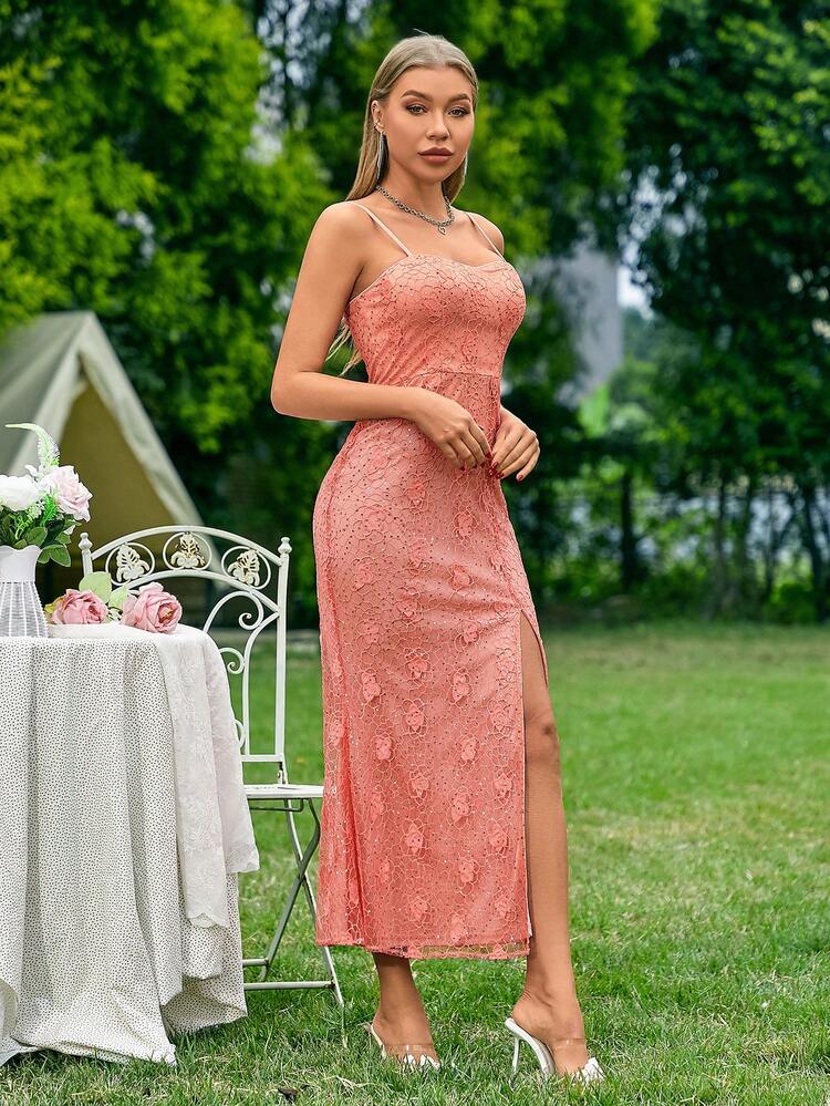 Sparkly Embroidered High Side-Slit Spaghetti Strap Dress