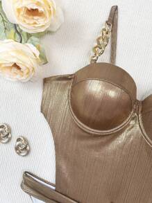 SHEIN Swim Đồ bơi một mảnh nữ nâng ngực có phụ kiện kim loại vàng - Vàng - Xem 8