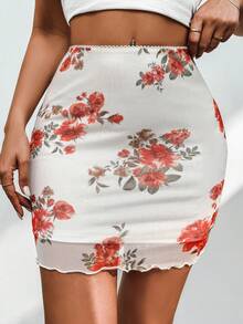 SHEIN Privé Women's Floral Print Mesh Skirt - Black - View 5