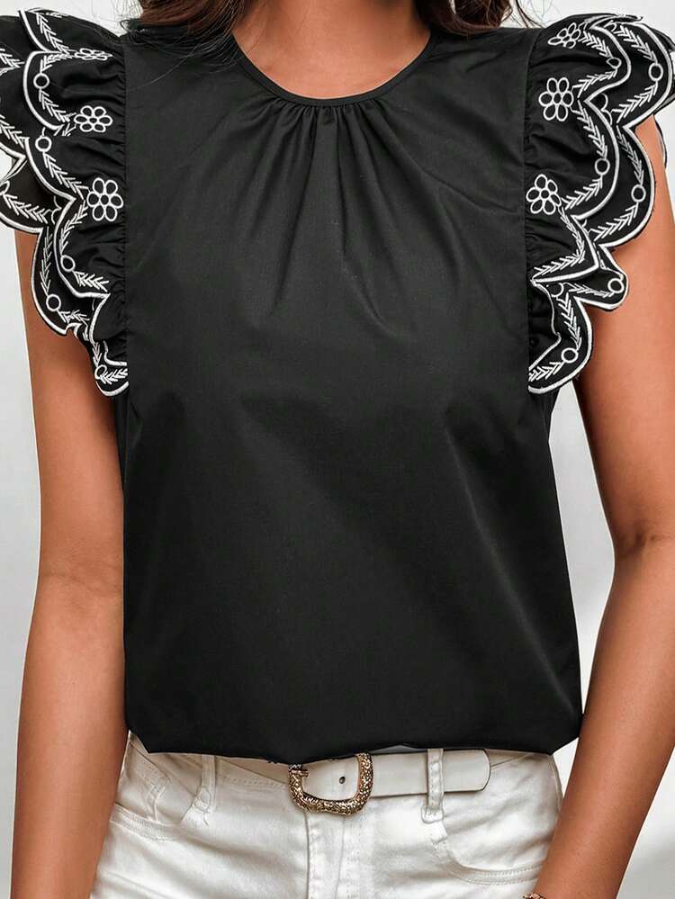 Women's Cap Sleeve Lace Splice Round Neck Blouse