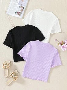 SHEIN 3 Pieces Teenage Girls Round Neck Short Sleeve T-Shirts, Multi-Color Combination, Simple & Elegant, Comfortable & Breathable, Classic Round Neck Design, Versatile Style - Multicolor - View 2