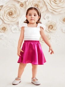 SHEIN Baby Girls' Satin Square Collar Top And Skirt Set - White - View 6