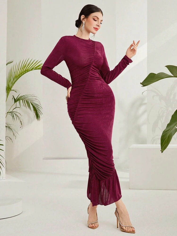 Women's Slim Fit Stand Collar Pleated Long Sleeve Dress
