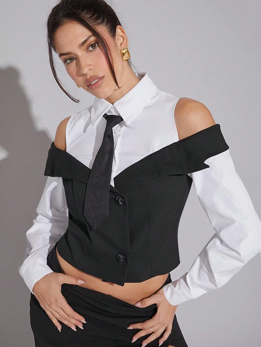 Hauture Camisa De Hombro Hueco De Dos Piezas Con Corbata - Blanco y Negro - Ver 1