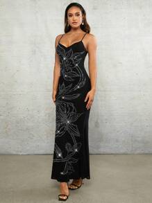 SHEIN BAE Black Knitted Sexy Backless Rhinestone Prom Date Dress Suspender Summer Long Fishtail Dress - Black - View 6