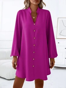 EMERY ROSE Round Neck Lantern Sleeve Shirt Dress With Notched Collar Fall Cloth For Women - Violet Purple - View 4