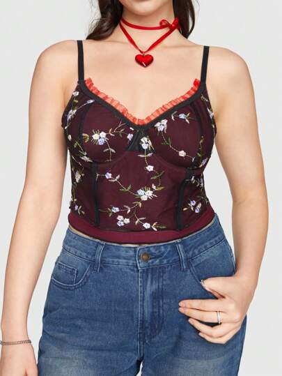 Kawaii بلوزة كامي نسائية كلاسيكية مطرزة بالزهور ذات طبقة مزدوجة مقاس كبير