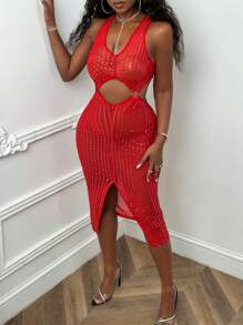 Slaydiva Round Ring Decor Hollow Out Detail Rhinestone Mesh Dress - Red - View 4