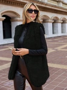 SHEIN Clasi Women's Sleeveless Plush Coat - Black - View 5