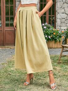 Zolique 女式高腰寬腿褲,斜口袋設計 - 黃色 - 查看 3