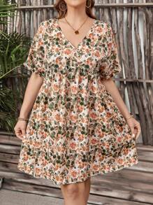 SHEIN LUNE Plus Size Floral Print Batwing Sleeve Dress - Multicolor - View 1