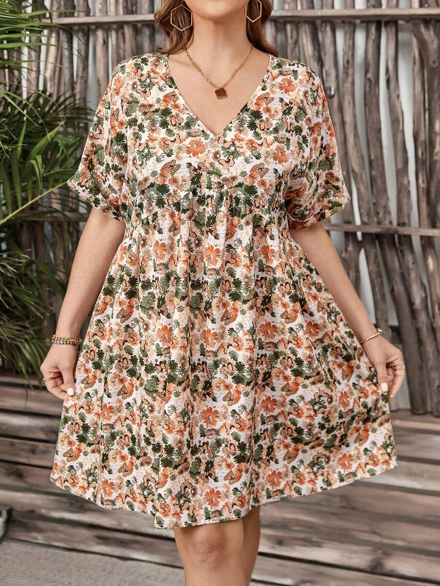SHEIN LUNE Plus Size Floral Print Batwing Sleeve Dress - Multicolor - View 1