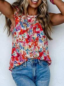 Astylish Women's Boho Floral Print Summer Tank Tops Frill Neck Pleated Sleeveless Shirt Vintage Casual Blouse Top
