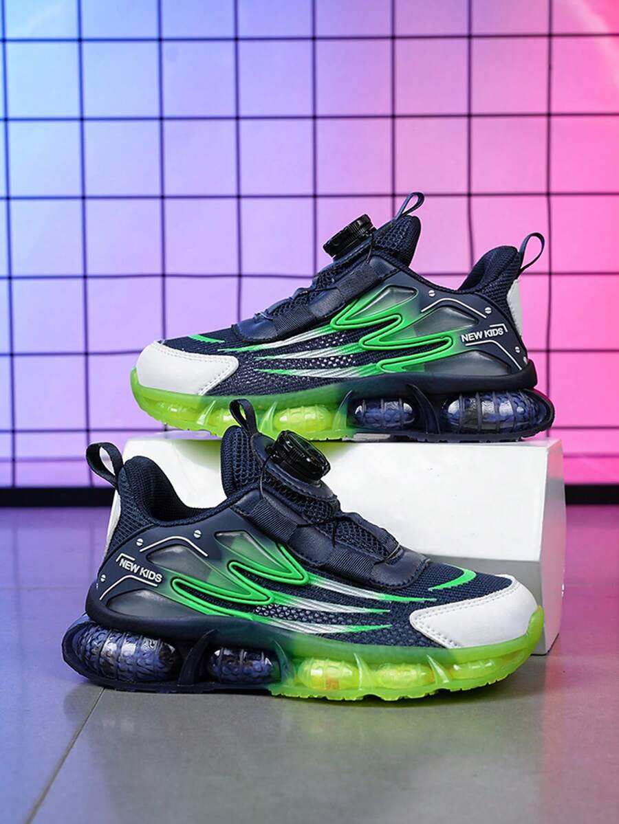 兒童男孩透氣雙層網布時尚運動鞋,搭配發光材料和可調整旋轉扣帶,雙色橡膠鞋底,適合日常穿著和上學 - 彩色 - 查看 1