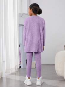 SHEIN Bộ áo len cardigan dài tay trơn dệt kim thanh lịch kiểu đô thị cho bé gái tuổi mới lớn, áo ba lỗ cami và quần dệt kim - Màu Lilac Tím - Xem 2