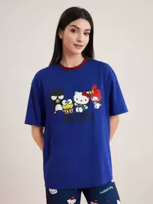 HELLO KITTY AND FRIENDS | SHEIN Cartoon Letter Printed Round Neck Short Sleeve T-Shirt - Royal Blue - View 7