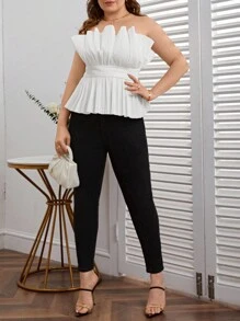 SHEIN Privé 大尺碼女士折褶無肩帶上衣 - 白色 - 查看 5