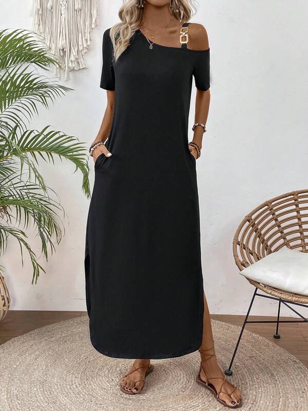 EMERY ROSE Vestido longo com decote assimétrico e bolso inclinado e fenda lateral, cor sólida, roupa feminina