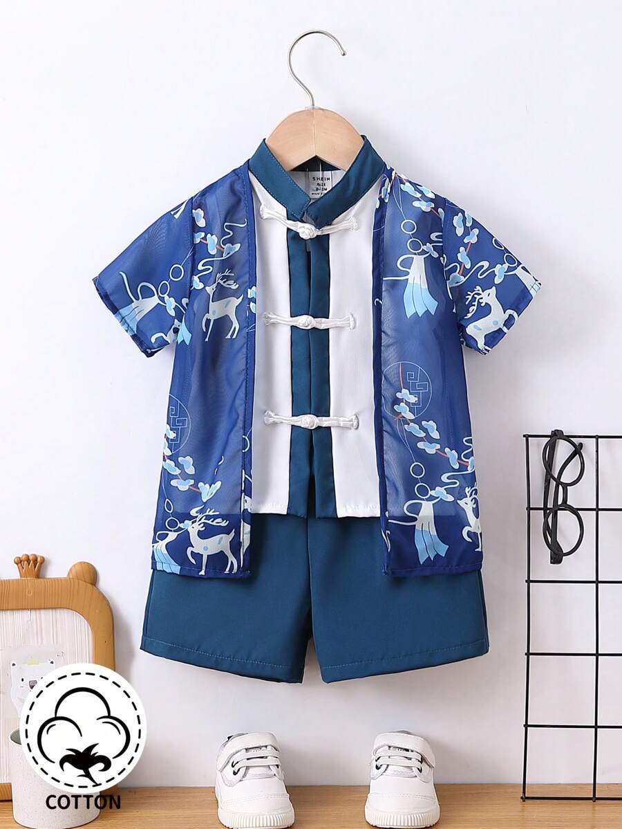 3入組經典風格插襟＆鹿印花節日服裝,適用於寶寶男孩春/夏季 - 彩色 - 查看 1