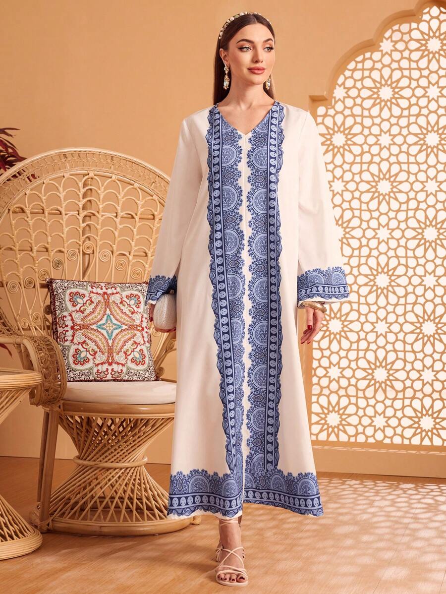 Al Najma 印花鈴袖直身裙 - 白色 - 查看 1