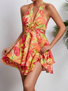Soleia 女性露背綁頸熱帶印花連衣裙 - 紅色 - 查看 3