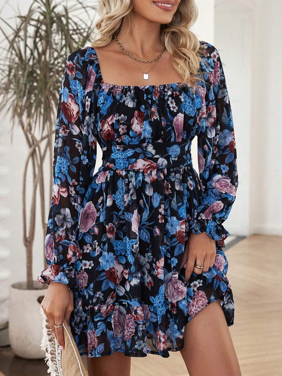 Boho In hoa Cổ vuông Ruffled Xếp li Tay áo dài Đầm - Nhiều màu - Xem 1