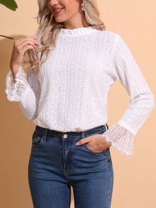 CheersLife Solid Color Long Sleeve Jacquard Knit Loose Casual T-Shirt - White - View 3
