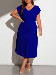 SHEIN Frenchy Plus Size Women's V-Neck Batwing Sleeve Dress