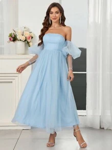 SHEIN Belle 优雅浪漫公主裙露肩泡泡袖网眼面料女士鸡尾酒会礼服婚礼新娘礼服 - 藍色 - 查看 7