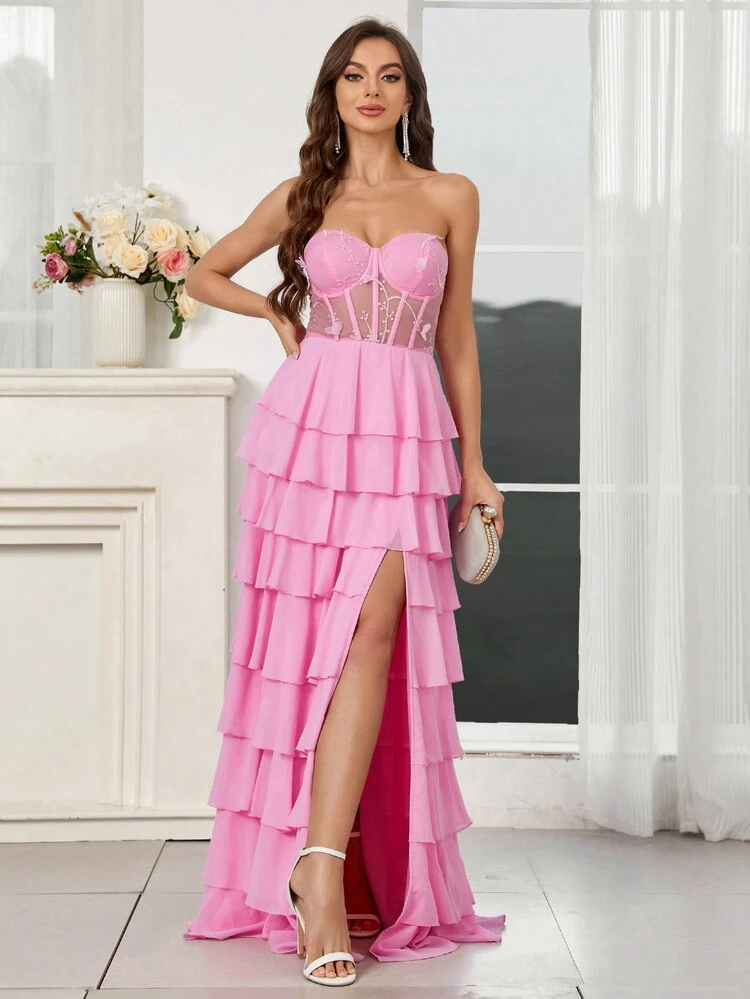 Elegant Pink Bust Applique High Slit Asymmetrical Layered Dress Formal Ball Gown For Women For Valentine's Day