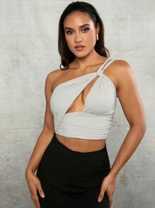 SHEIN BAE Gray Apricot Twist Rope Hollow One-Shoulder Gathered Tight Elastic Top For Women - Grey - View 1