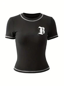 SHEIN EZwear 字母圖案短袖短版t恤 - 彩色 - 查看 3