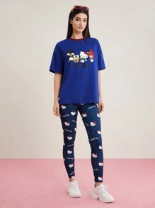 HELLO KITTY AND FRIENDS | SHEIN Cartoon Letter Printed Round Neck Short Sleeve T-Shirt - Royal Blue - View 5