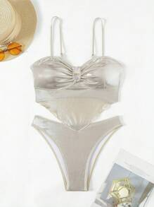 Swim SXY Damskie metaliczne materiałowe halter spaghetti strap bikini ślubne lato - Szampan - Zobacz 4