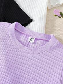 SHEIN 3 Pieces Teenage Girls Round Neck Short Sleeve T-Shirts, Multi-Color Combination, Simple & Elegant, Comfortable & Breathable, Classic Round Neck Design, Versatile Style - Multicolor - View 4