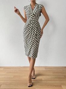 SHEIN Clasi Women's Off-The-Shoulder Dress With Wave Striped Pattern And Side Slit - Blue and White - View 3