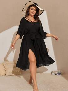 SHEIN Swim Curve 大尺碼交叉v領分割式腰帶外套連衣裙音樂節 - 黑色 - 查看 1