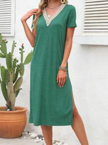 SHEIN LUNE Của phụ nữ Thêu Patch Cổ chữ V Bên Khe Đầm - màu xanh lá - Xem 5