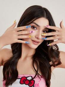 HELLO KITTY AND FRIENDS | SHEIN Cute Cat Bowknot Print Press On Nails - Multicolor - View 1