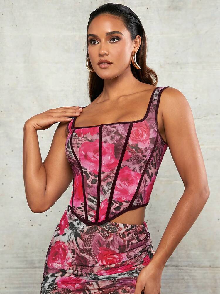 Red Animal Print Mesh Contrasting Fishbone Sexy Corset