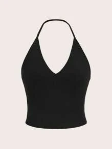 SHEIN EZwear Multicolor Knitted Halter Neck Tank Top - Dusty Pink - View 5