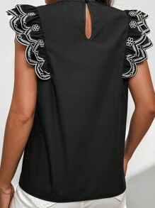 SHEIN Privé 女士盖袖蕾丝拼接圆领衬衫 - 黑色 - 查看 2