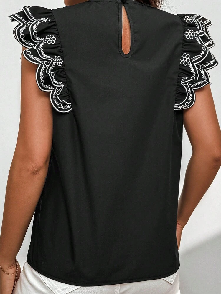 Women's Cap Sleeve Lace Splice Round Neck Blouse